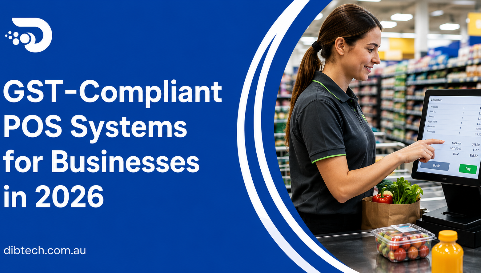 Retail cashier using a GST-compliant POS system in a supermarket.